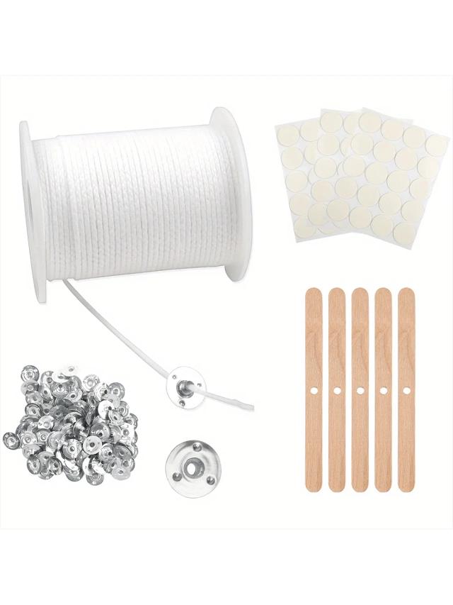 Conjunto de Pavios para Fabricação de Velas DIY - 200 pés de Pavio, 100 Pavios de Metal, 60 Adesivos, 5 Suportes de Madeira para Cera de Soja