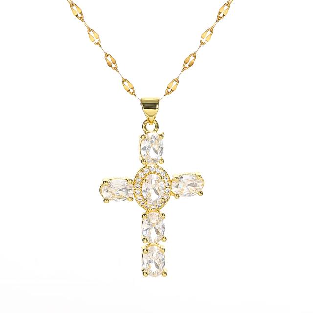 Colar Cruz Religiosa Aço Inoxidável Pingente Zircônia 39,5+5cm