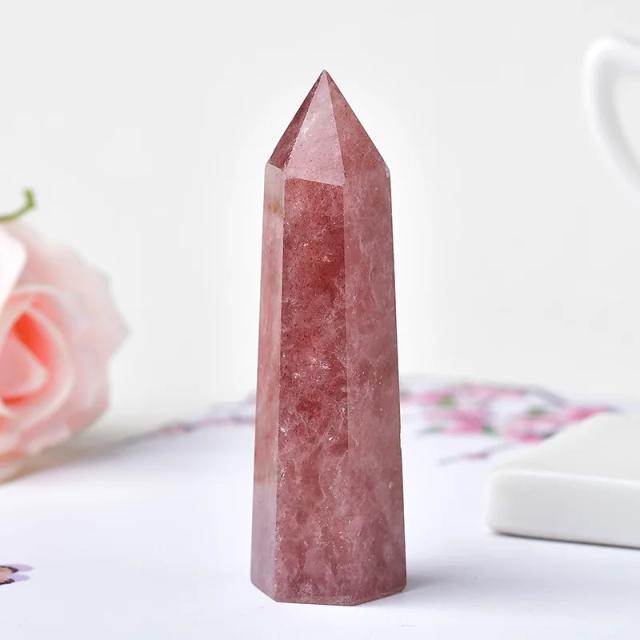 Ponto de cristal natural morango cristal cura pedra obelisco varinha de quartzo torre ornamento para decoração casa pirâmide de pedra energia