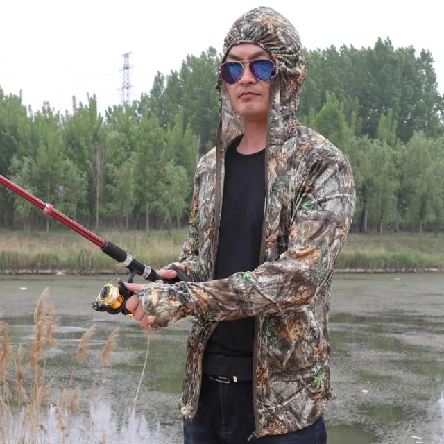 Camiseta ultra fina de camuflagem de secagem rápida, tops masculinos com capuz antimosquito, camisetas de manga longa para caça, pesca, caminhada, verão