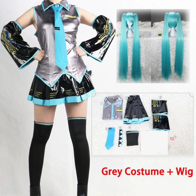 Fantasia de Cosplay Completa Miku: Vestido, Uniforme, Acessórios e Adereço de Cabeça em Couro Prateado - Estilo JK Marinheira Escolar NN83YM
