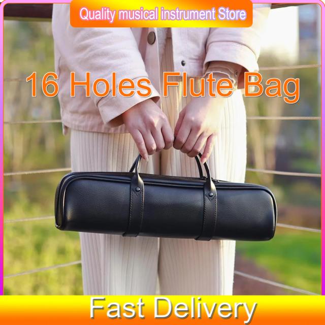 Bolsa para flauta com 16 furos, portátil, à prova d'água, couro, capa para flauta, bolsa de transporte, alça de ombro preta, acessórios para instrumentos musicais