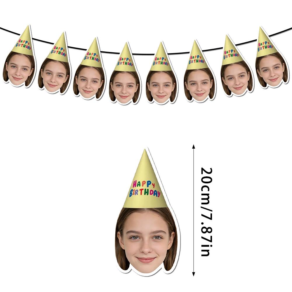 Faixa de Aniversário Personalizada com Foto, Banner de Bandeirolas com Estampa de Chapéu de Aniversário para Lembrancinhas de Festa de Aniversário, Banner de Feliz Aniversário - Image 1