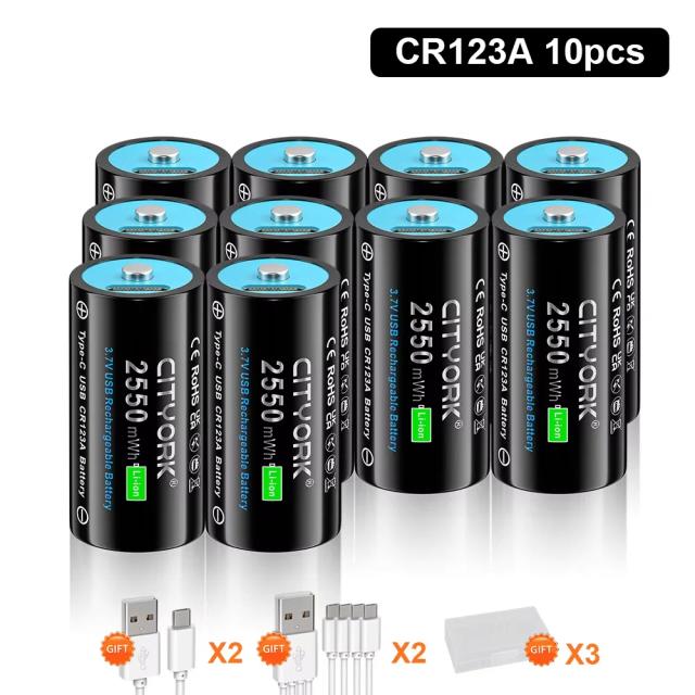 CITYORK 3.7V CR123A CR123 16mmX35mm Bateria recarregável com entrada USB para lanterna LED RCR123 RCR123A
