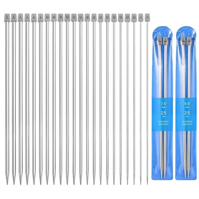 22 Agulhas de Tricô em Aço Inoxidável 2 mm-8 mm, Conjuntos de Agulhas de Crochê Retas de Ponta Única 25/35cm, Agulhas para Suéteres para Tricô