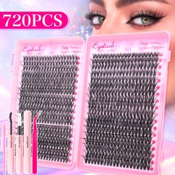 Kit de Extensão de Cílios 720/200pcs, Kit de Extensão de Cílios Volumosos com Adesivo e Selante, Pinças para Cílios, Cachos de Cílios Grossos e Leves - Image 3