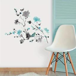 Pintura a tinta aquarela flor azul ramo de pássaro adesivos de parede removíveis para quarto sala de estar porta decoração decalques de parede - Image 3