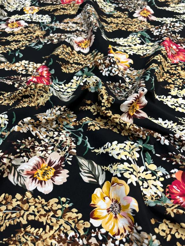 Tecido Crepe de Chine Elástico de Seda Mulberry Floral Dourado 140cm