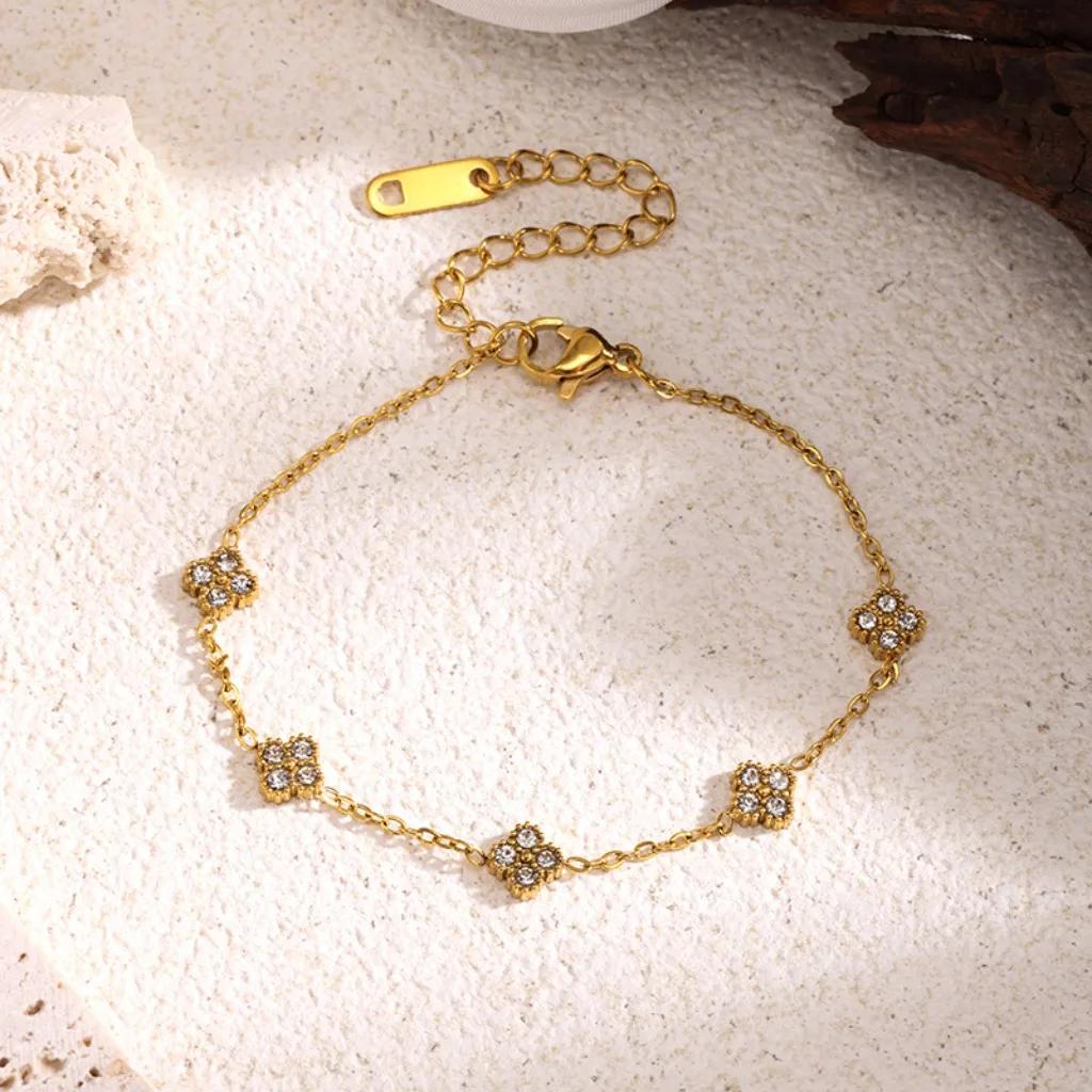 Pulseira de Zircônia em Forma de Flor Cor Dourada Luxuosa - Joias de Aço Inoxidável para Mulheres, Acessórios Hipoalergênicos para Presentes e Festas - Image 1