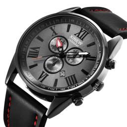 Original xinew marca relógios masculinos meninos moda casual pulseira de couro data quartzo relógio de pulso preto montre homme reloj hombre 2025 - Image 1