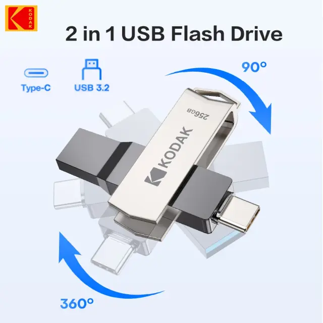 Kodak 256g usb3.2 tipo-c 2 em 1 unidade flash usb para telefone e computador pen drive original 128gb 64gb até 120 mb/s flash pendrive