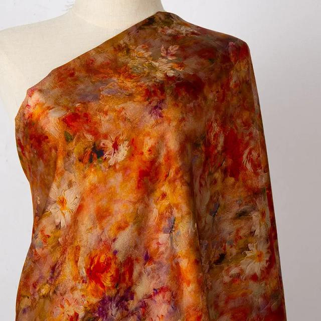 Tecido Seda Rayon Estampado Digitalmente Rosas Laranjas Vintage 150cm