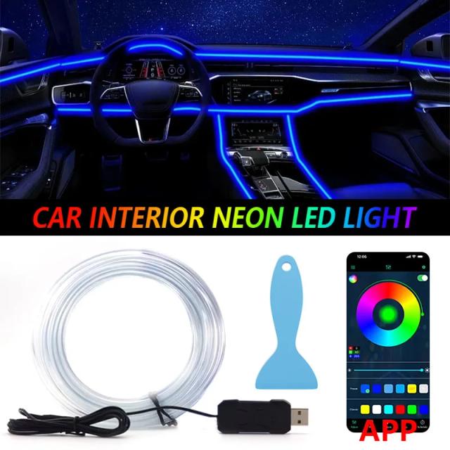 Faixa de Luz LED Ambiente RGB para Carro 1-5m Controle por App Fibra Óptica USB Neon
