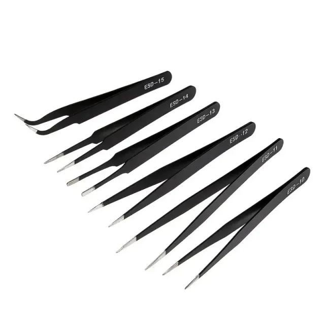 Conjunto de Pinças de Precisão Longas ESD Antiestático Aço Inoxidável 6 Peças