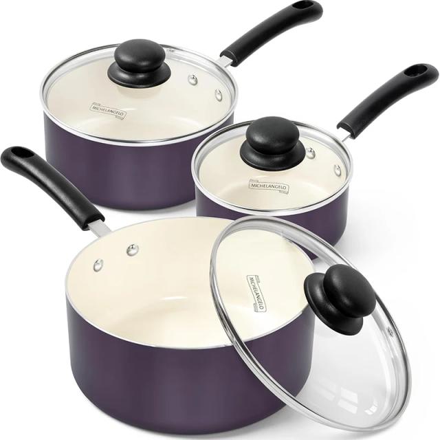 MICHELANGELO Conjunto de panela de molho antiaderente com tampa, revestimento cerâmico, conjunto de panela pequena com alça para ficar fresco, panelas de indução para cozinhar