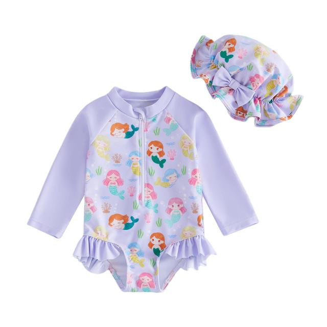FOCUSNORM Conjunto de 2 peças de roupa de banho para bebês meninas, com estampa de desenho animado, gola redonda, manga comprida, roupa de banho e chapéu de sol