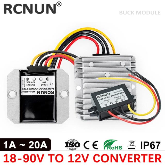 RCNUN Conversor DC Step Down 18-90V para 12V Regulador de Tensão Transformador