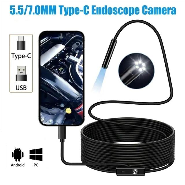 Câmera Endoscópica Tipo-C 5.5/7.0MM com 6 LEDs Ajustáveis 1m/1.5m/2m