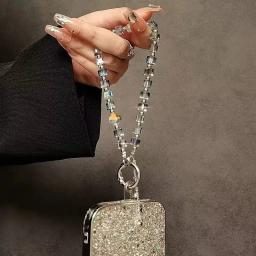 Cordão de luxo com contas de cristal para celular, corrente de mão, corda curta de suspensão com clipe para capa de telefone, chaveiro, bolsa, pingente - Image 2