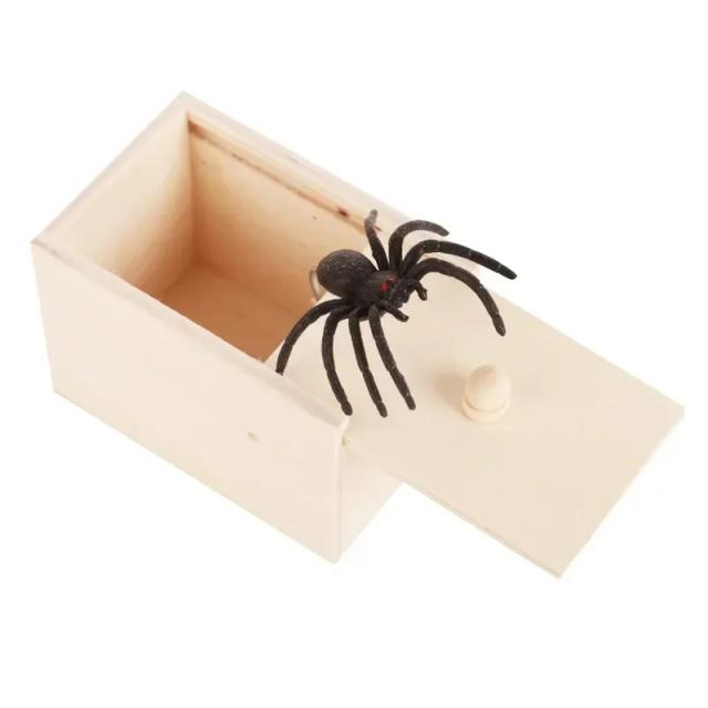 Caixa de Susto de Madeira com Aranha de Borracha - Brinquedo de Pegadinha Divertido