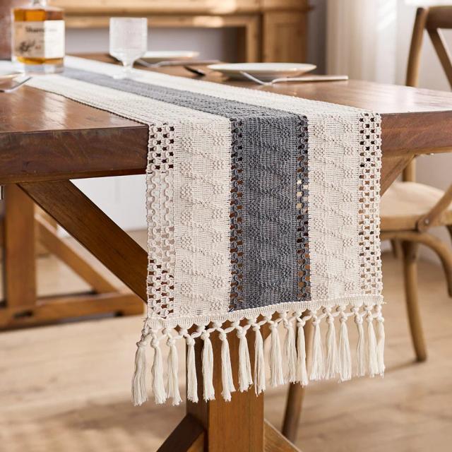 Corredor de Mesa Boho Macramê Creme e Marrom 180cm