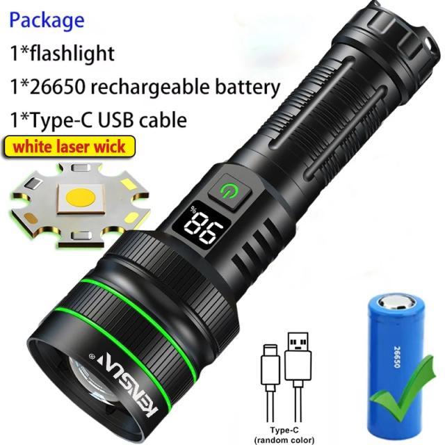 Lanterna LED Longo Alcance Potente Zoomável Camping Bateria 26650 Integrada Tática Alta Potência Atividades Outdoor