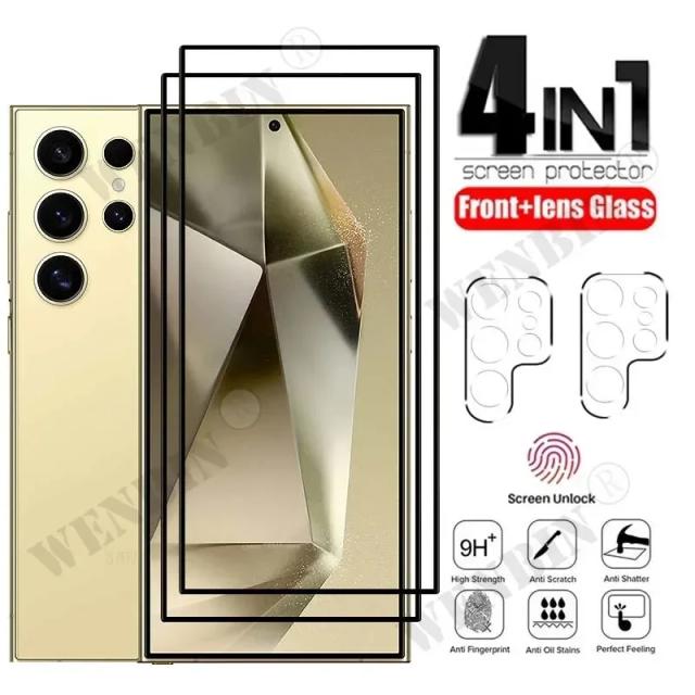 4 em 1 para samsung s26 s25 ultra plus s24 s23 fe a56 a55 a36 a16 5g 9hd protetor de tela vidro protetor completo + protetor de lente