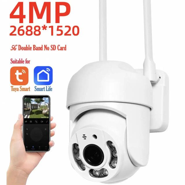 Câmera de Segurança Tuya 4MP PTZ WIFI para Proteção Externa, IP66 à Prova d'Água, Câmera Dual-band 5G para Vigilância Residencial