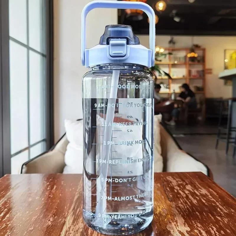 2l garrafa de água portátil palha copo de água de plástico para esportes ao ar livre fitness adulto alto valor grande copo de gordura com marcador de tempo - Image 1