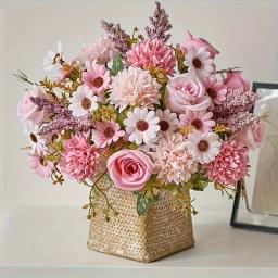 7-bifurcado artificial rosa hortênsia portátil filé de flor rosa flor seca flor de seda margarida decoração de casamento buquê de flores - Image 3