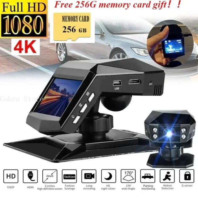 Car DVR Dash Cam 4K HD 1080p com Cartão de 256GB e Visão Noturna 170°