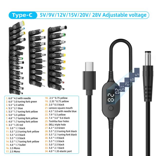 Cabo Adaptador USB-C para DC 140W Ajustável para Laptops e Roteadores