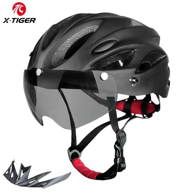 X-TIGER-Capacete adulto de bicicleta com luz traseira LED, capacetes de bicicleta respiráveis, modo duplo, óculos, ciclismo, leve, ajuste, 58-62cm