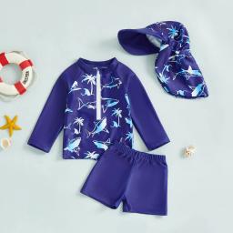 Conjunto de roupa de banho para meninos e meninas, 2 peças, estampa de golfinho, gola, manga comprida, tops, shorts e chapéu, roupa de banho com proteção contra queimaduras - Image 3