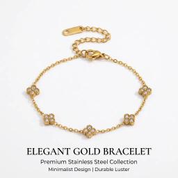 Pulseira de Zircônia em Forma de Flor Cor Dourada Luxuosa - Joias de Aço Inoxidável para Mulheres, Acessórios Hipoalergênicos para Presentes e Festas - Image 1
