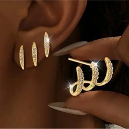Brincos elegantes de três garras com strass, 2 peças para mulheres, design luxuoso e fofo, joias para festa, presentes - Image 2