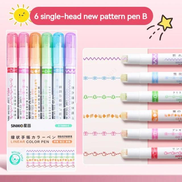 Flower Line Shape Highlighter Pen Rolo Dica Curva Liner Marker Material Escolar 6Pc Conjunto