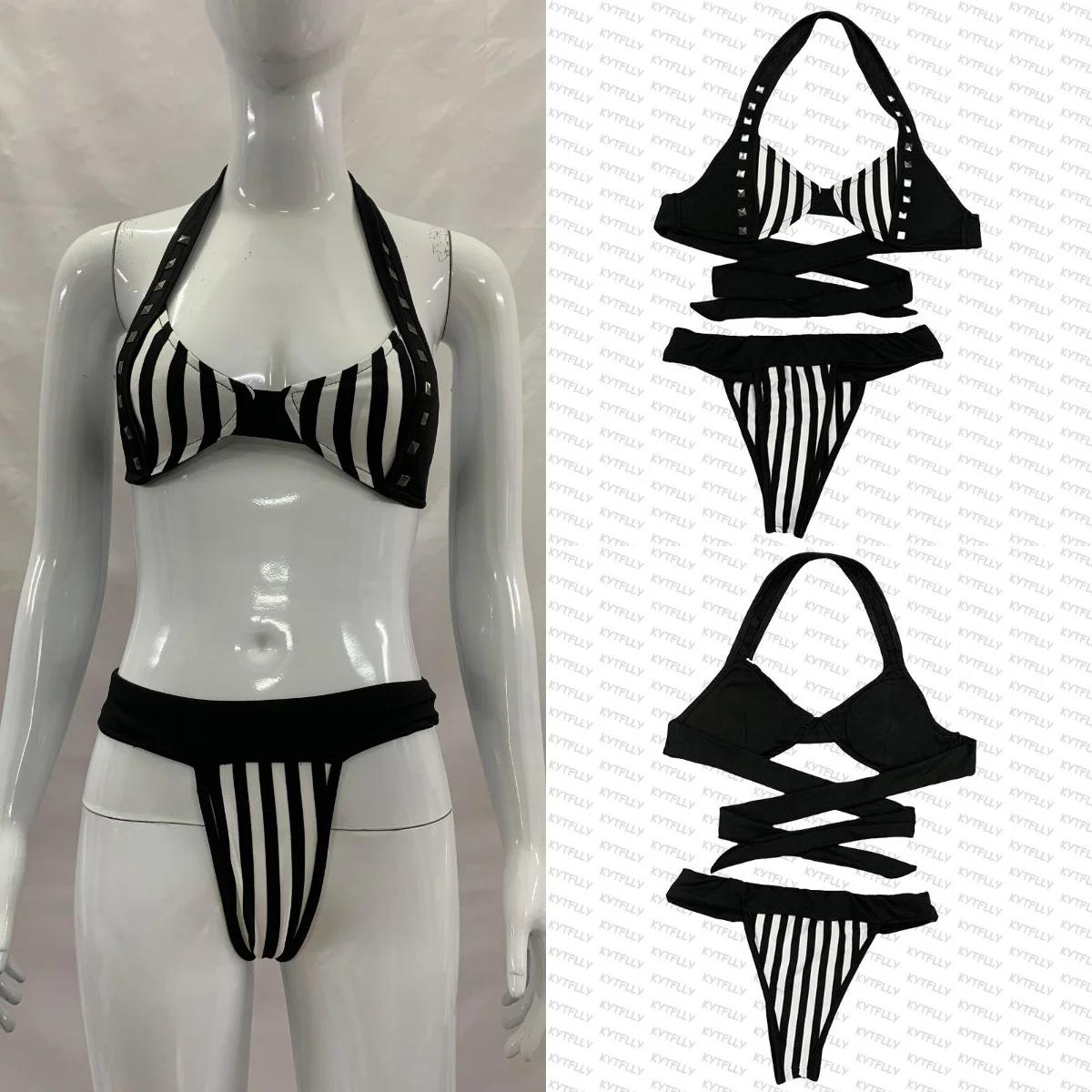 Biquíni Sub-Culture Sweet and Cool Hot Girl, design contrastante com detalhes em vime listrado, conjunto de duas peças sexy e casual para a praia. - Image 1