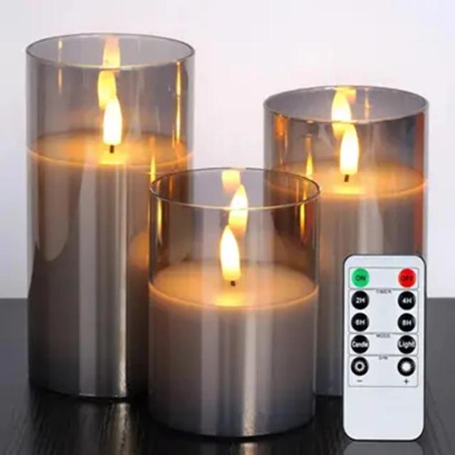 Vela Eletrônica LED de Vidro com Controle Remoto e Temporizador - Conjunto com 3 Unidades