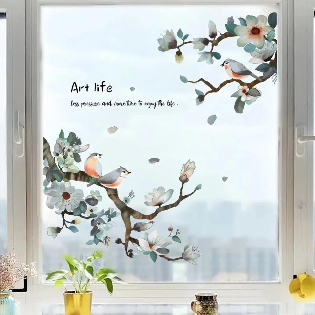 Aguarela Ramo Flor Pássaro Adesivos De Parede, Decalques De Parede Da Sala De Estar, Decoração De Janelas, Decoração De Casa Do Quarto Das Crianças, DIY