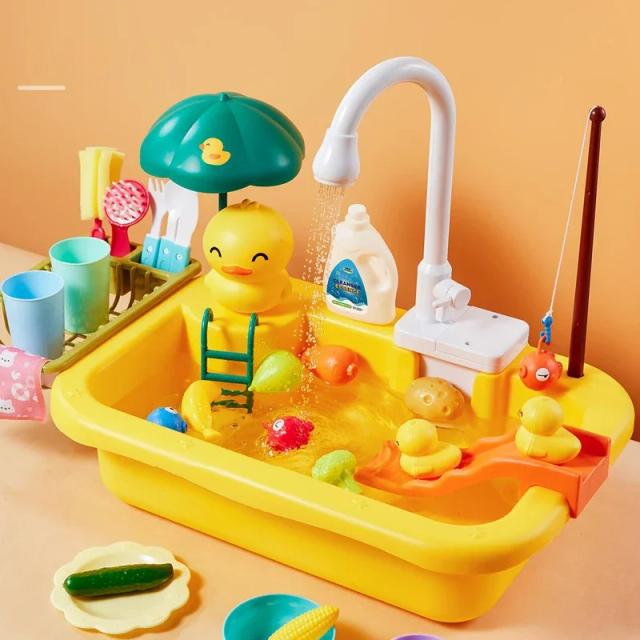 Crianças pia de cozinha brinquedos máquina de lavar louça elétrica jogando brinquedo com água corrente fingir jogar comida brinquedo de pesca role play meninas presente