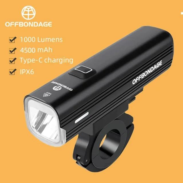 OFFBONDAGE Farol de Bicicleta 1000 Lúmen com Power Bank e Carregamento USB