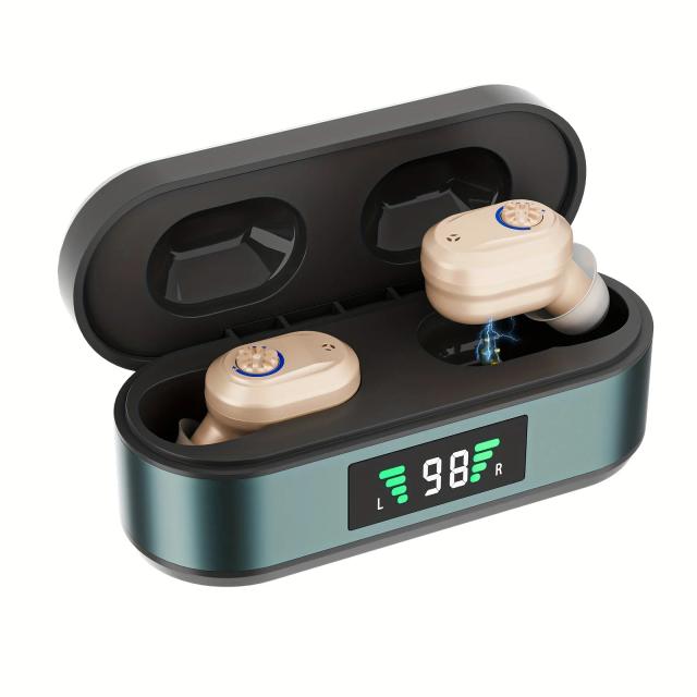 Amplificadores de ouvido portáteis recarregáveis para adultos com carregamento magnético e auxiliares de fone de ouvido com baixo ruído ajustável.