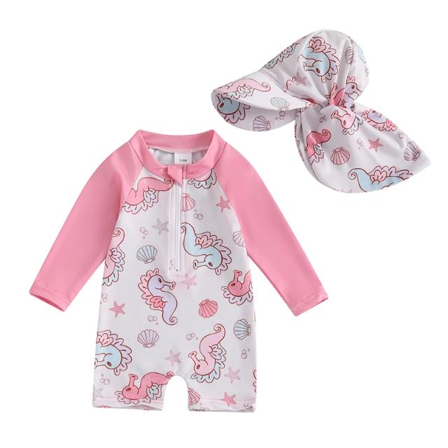 Maiô unissex de proteção contra queimaduras para bebês de 0 a 36 meses com chapéu, conjunto de 2 peças com estampa de concha de cavalo marinho, roupa de banho de manga comprida com zíper para meninos e meninas