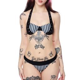 Biquíni Sub-Culture Sweet and Cool Hot Girl, design contrastante com detalhes em vime listrado, conjunto de duas peças sexy e casual para a praia. - Image 1