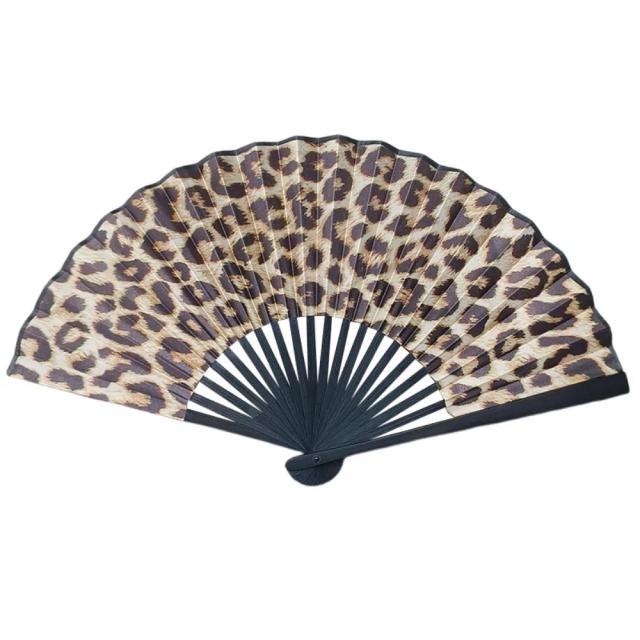 Leque Dobrável Seda Bambu Estampa Leopardo 42cm