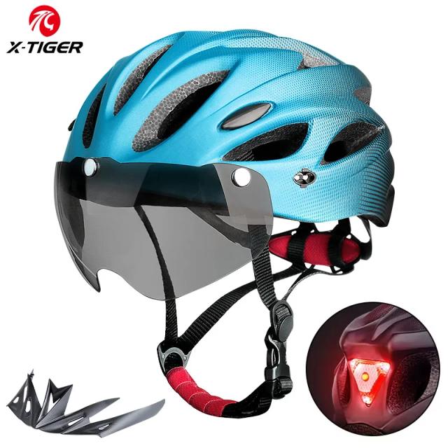 Capacete de Bicicleta X-TIGER com Óculos Magnéticos e Luz Traseira LED, Capacete de Ciclismo Ultraleve para Adultos, Capacete MTB para Bicicleta, Ajuste para 58-62cm