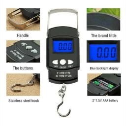 Balança eletrônica com luz de fundo azul, 110lb/50kg, display lcd com regra de medição, fita digital, ferramenta de balança de gancho para pendurar na pesca - Image 5
