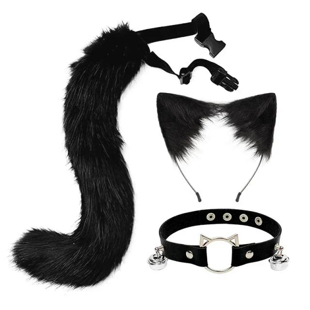 Acessórios Cosplay Orelhas de Gato com Cauda e Gola de Sino - Conjunto Completo para Festas e Fantasias