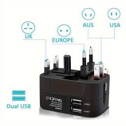 Adaptador de Energia AC Universal com Portas de Carregamento USB Duplas, Plugues e Tomadas de Viagem Universais, Adaptador de Energia AC EU-US - Image 3